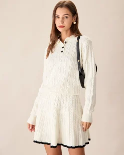 White Contrasting Button Sweater