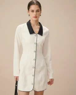White Contrasting Button-Up Mini Dress