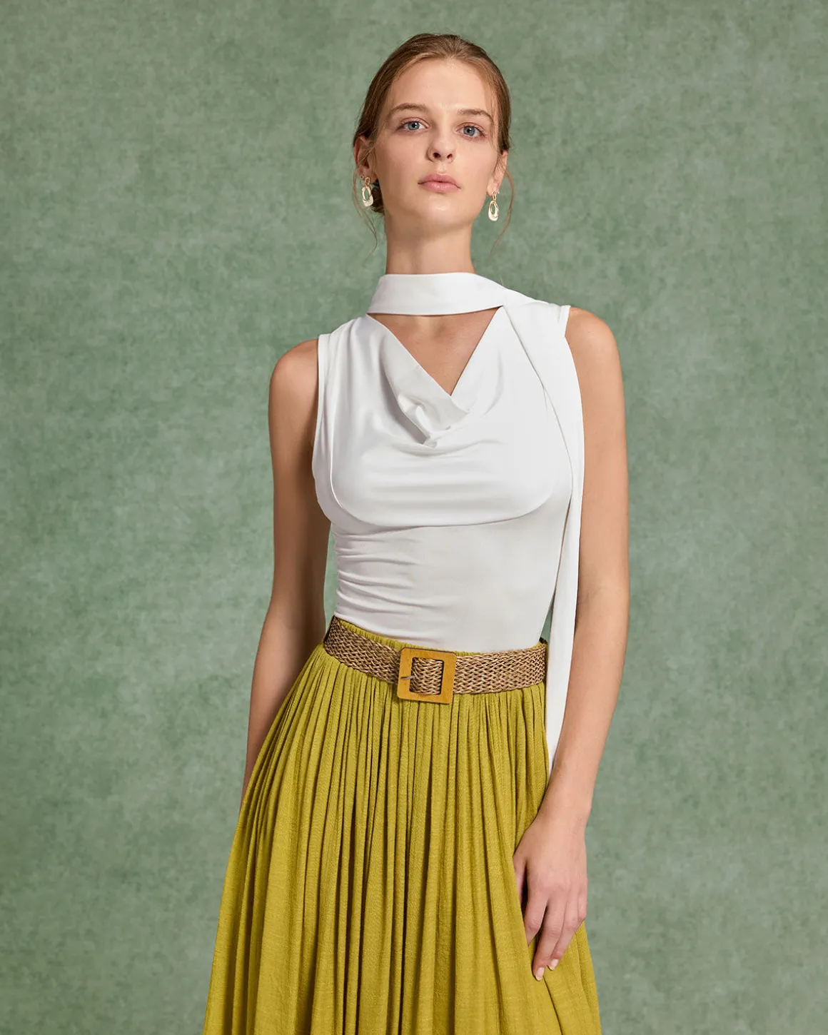 White Cowl Neck Ruched Tank Top