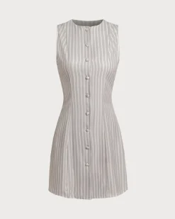 White Crew Neck Button Sleeveless Mini Dress