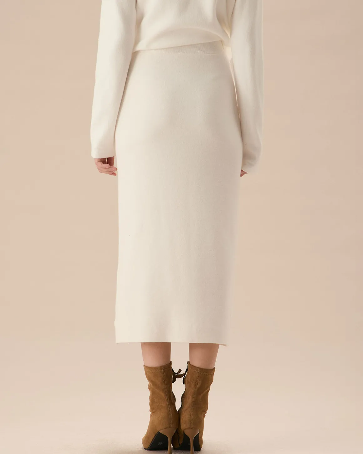 White Elastic Waist Straight Skirt