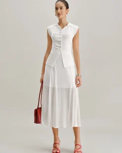White Elastic Waist Straight Midi Skirt