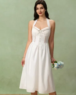White Embroidery A-Line Halter Midi Dress