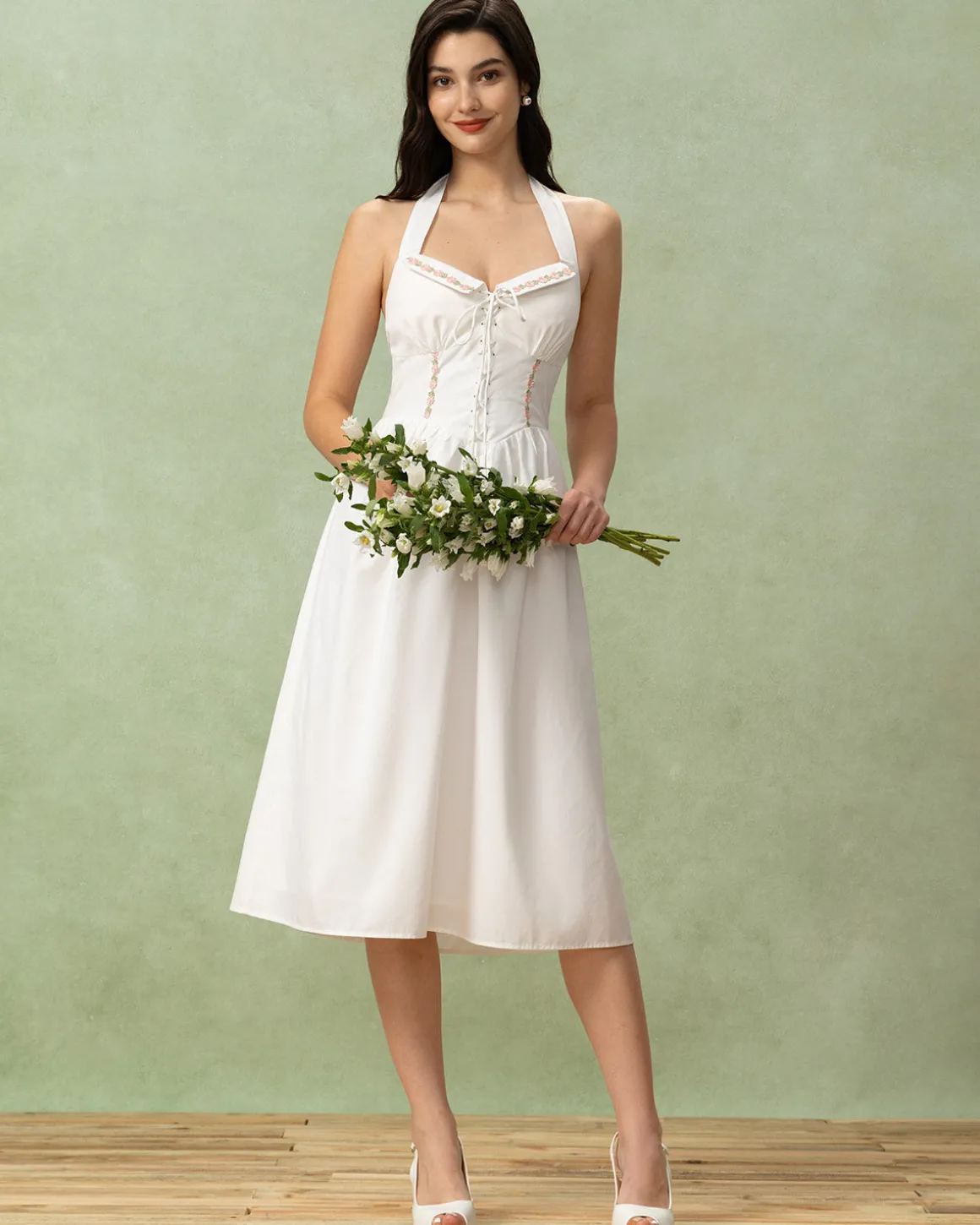 White Embroidery A-Line Halter Midi Dress