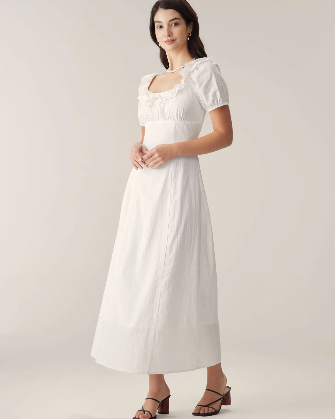 White Embroidery Puffed Sleeve Maxi Dress