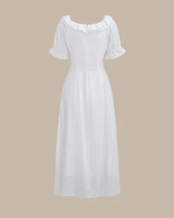 White Embroidery Puffed Sleeve Maxi Dress