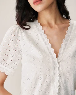 White Embroidery Puffed Sleeve Blouse