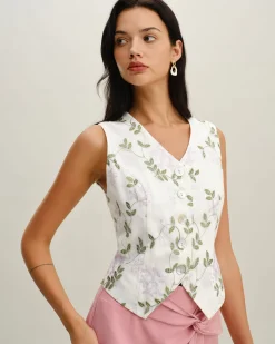 White Embroidery V Neck Button Vest