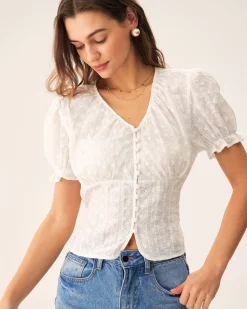 White Floral Puffed Sleeve Blouse