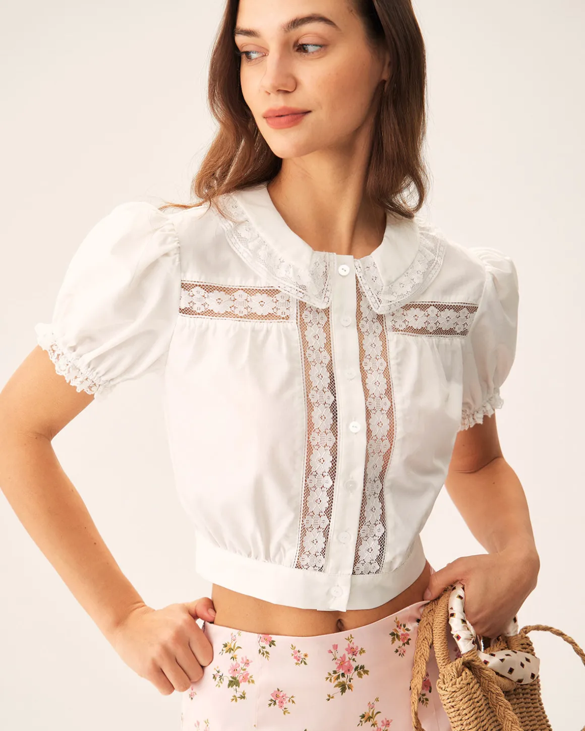 White Floral Puffed Sleeve Cropped Blouse