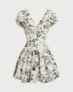 White Floral Ruched V Neck Mini Dress