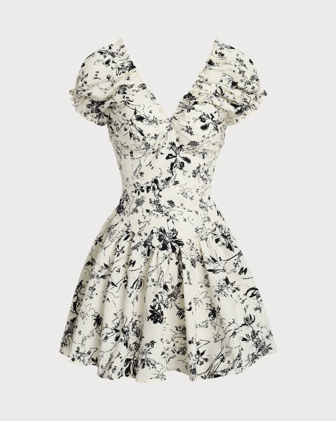 White Floral Ruched V Neck Mini Dress