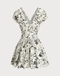 White Floral Ruched V Neck Mini Dress