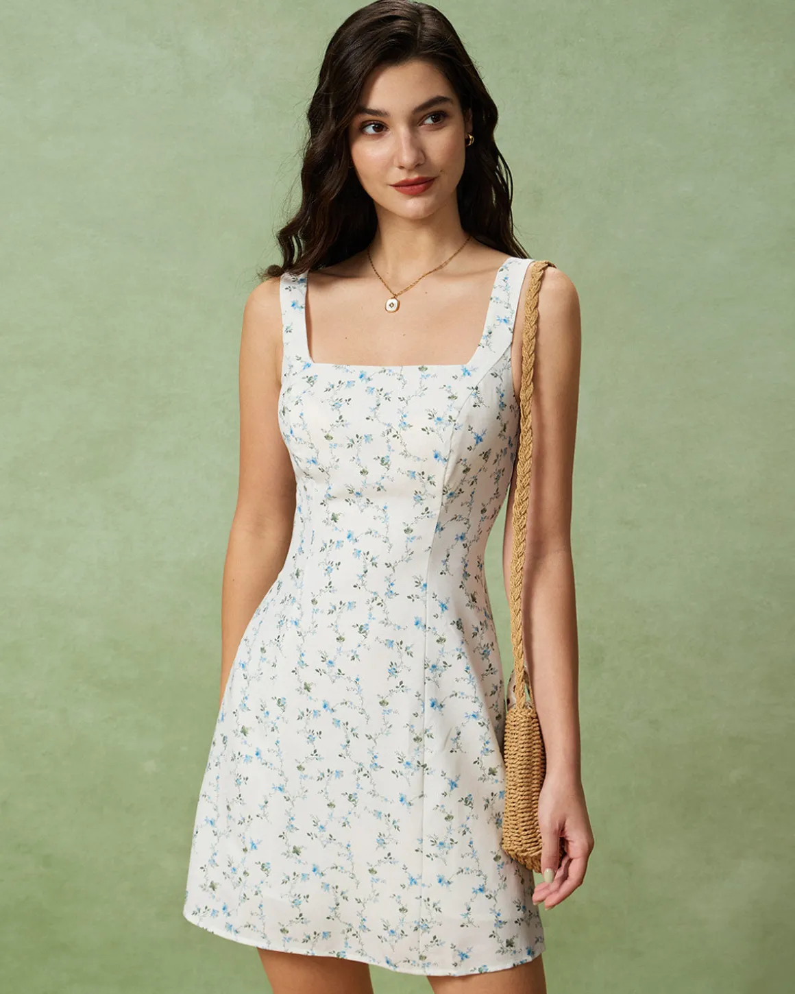 White Floral Square Neck Slip Mini Dress