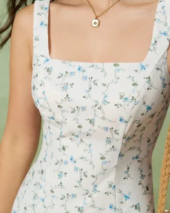 White Floral Square Neck Slip Mini Dress