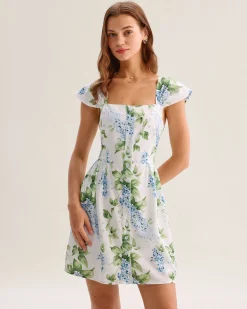 White Floral Square Neck Mini Dress