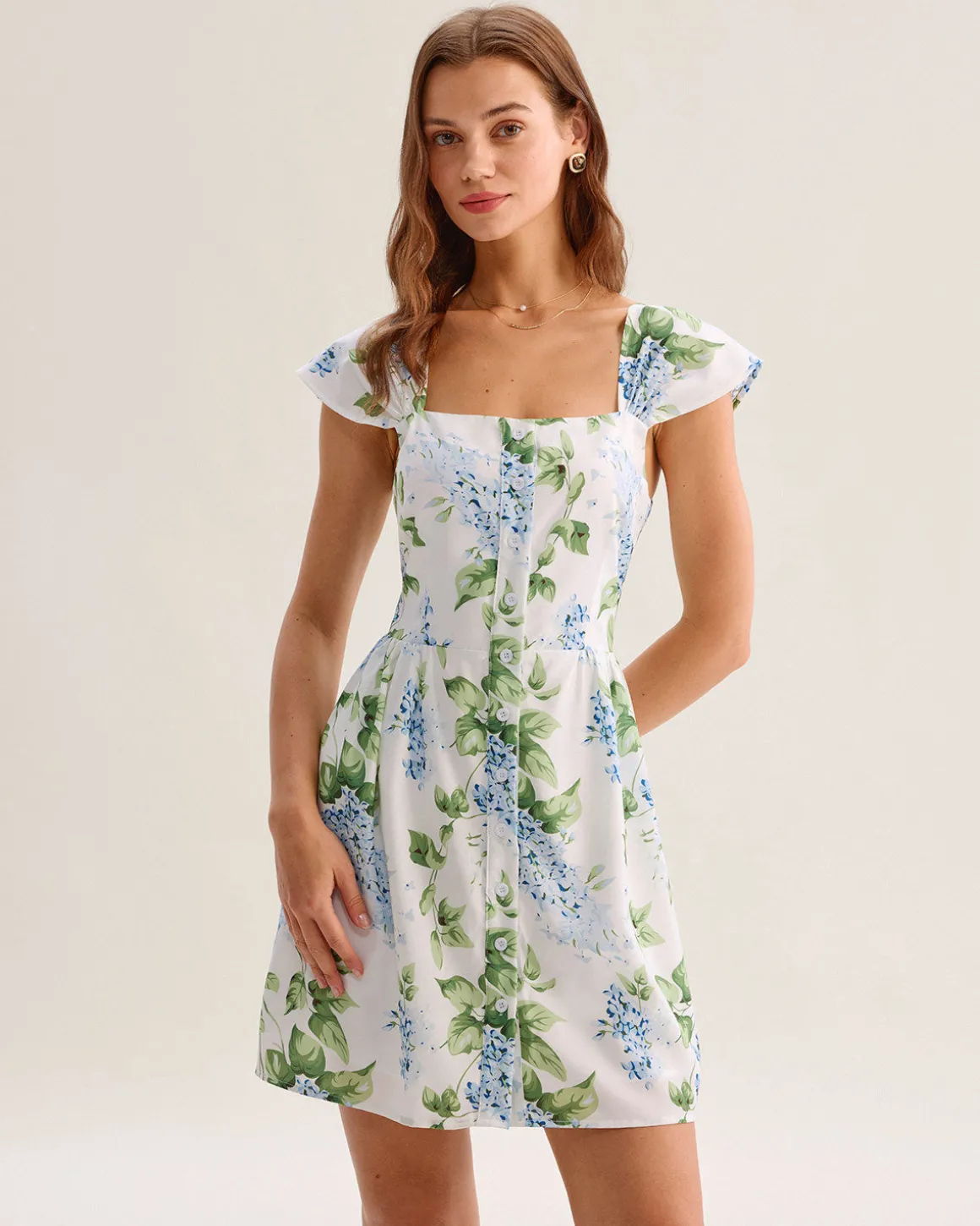 White Floral Square Neck Mini Dress