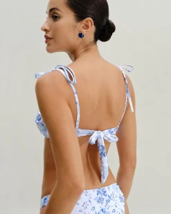 White Floral Tie Strap Triangle Bikini Set