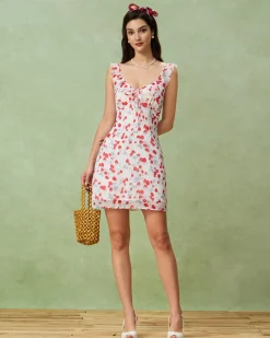 White Floral V Neck Ruffle Mini Dress