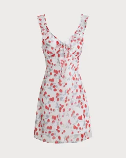 White Floral V Neck Ruffle Mini Dress