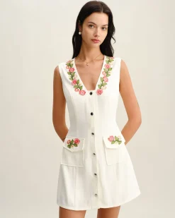 White Floral V Neck Sleeveless Mini Dress