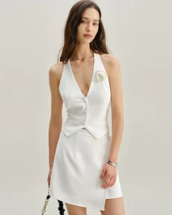 White Halter Button Vest