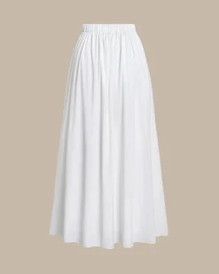 White High Waisted Elastic Waist Midi Skirt