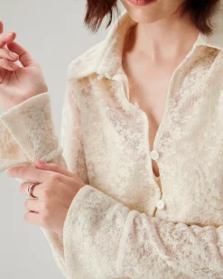 White Jacquard Bell Sleeve Button Blouse