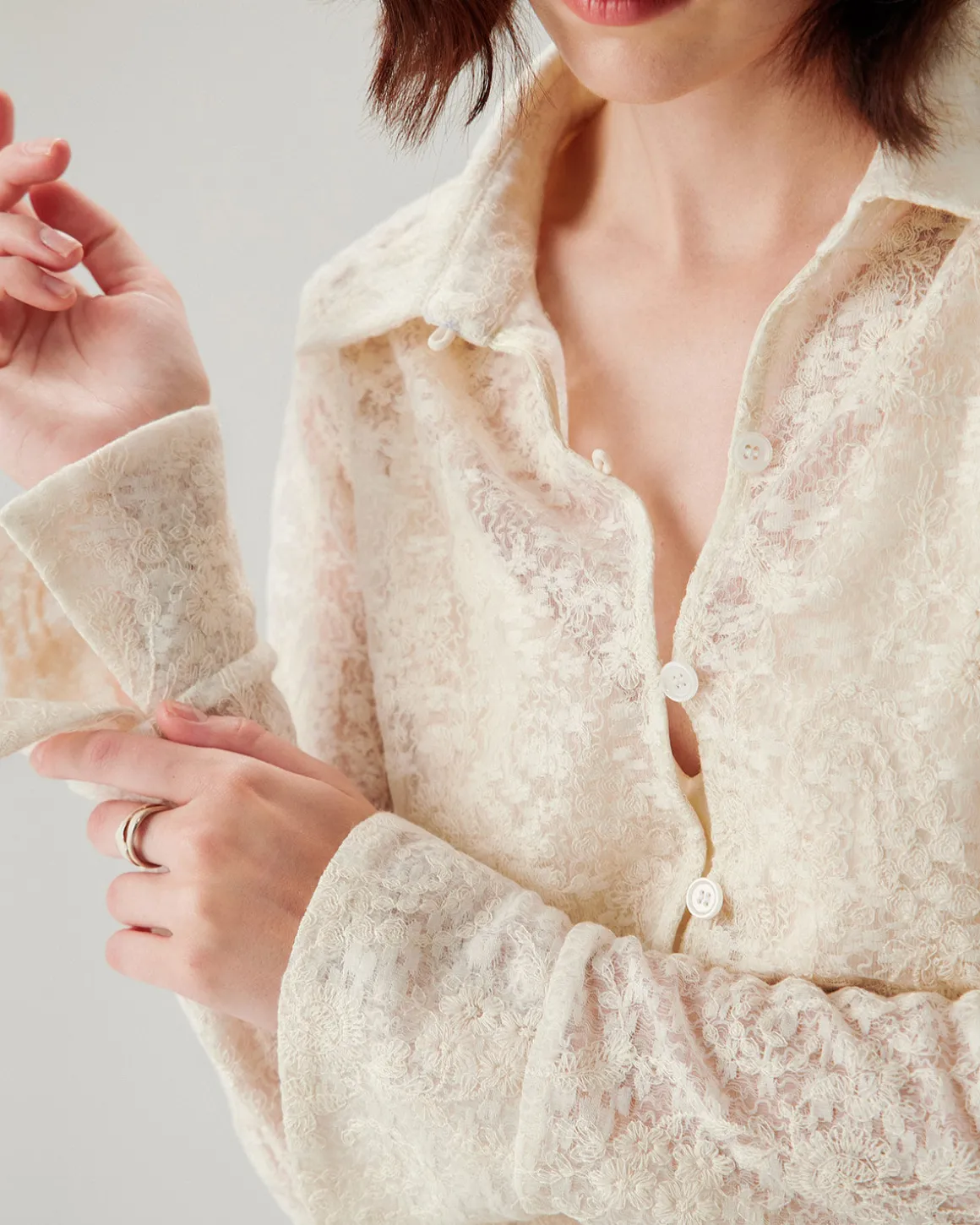 White Jacquard Bell Sleeve Button Blouse