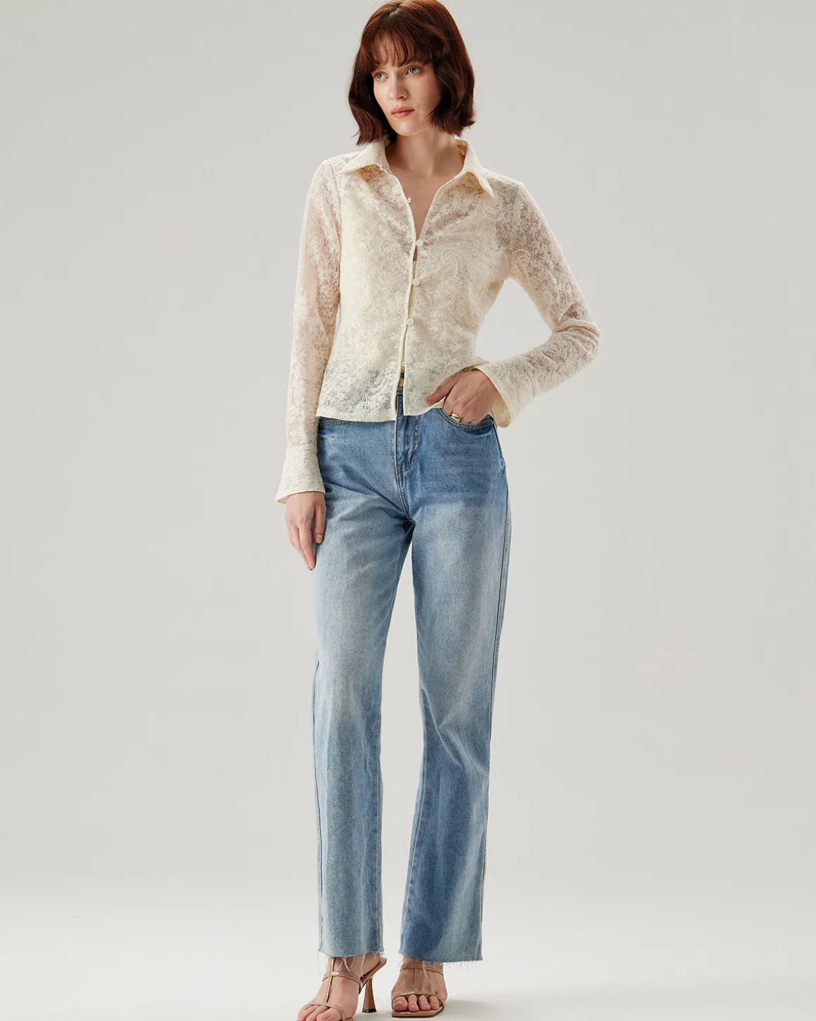 White Jacquard Bell Sleeve Button Blouse