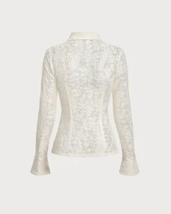 White Jacquard Bell Sleeve Button Blouse