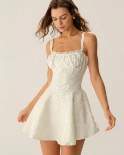 White Jacquard Ruched Slip Mini Dress