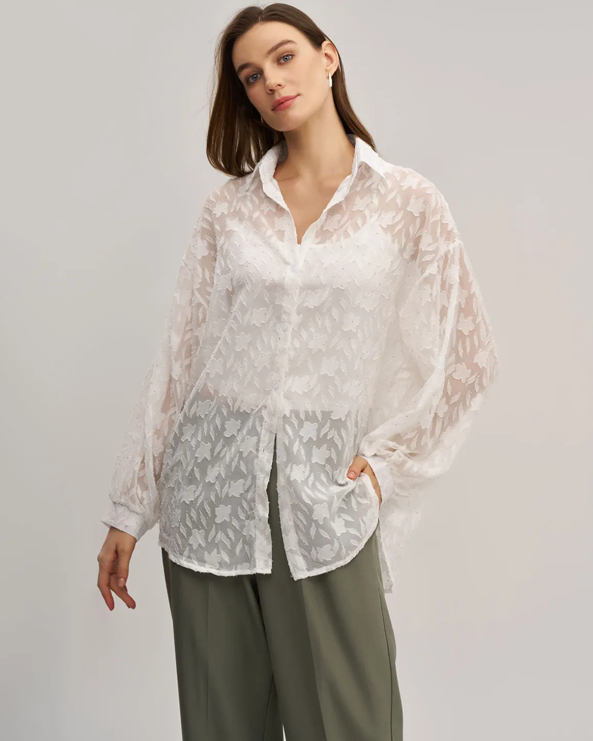 White Jacquard See Through Shirt