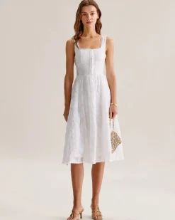 White Jacquard Shirred Slip Midi Dress
