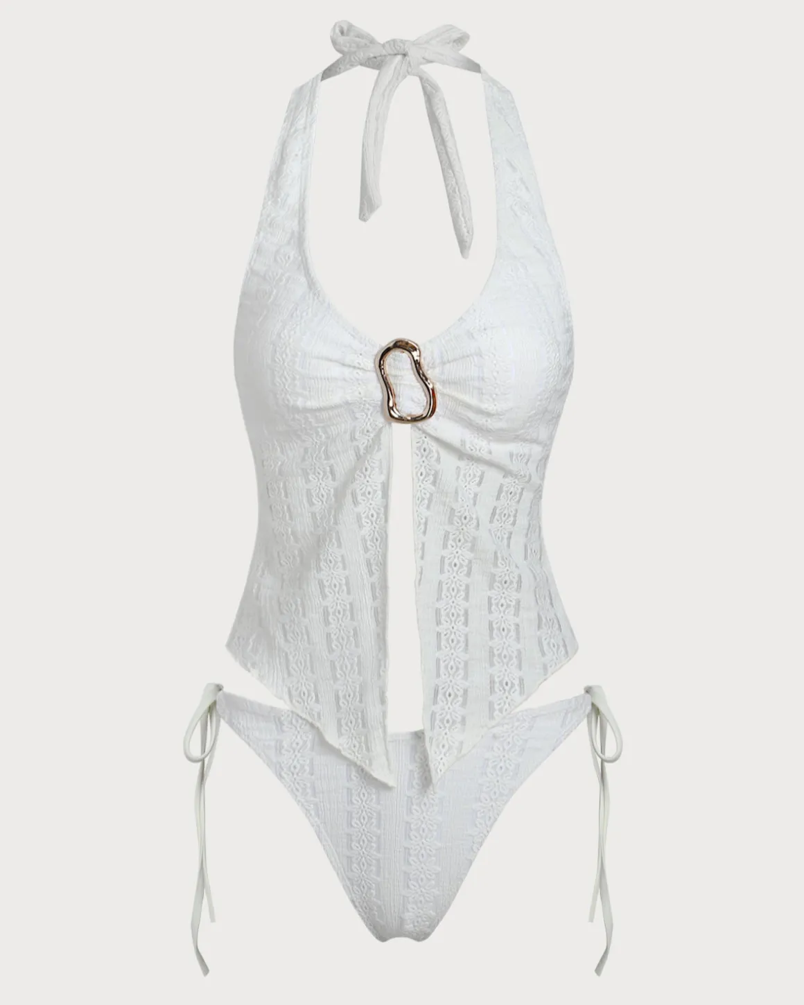White Knitted Irregular Metal Slit Tankini Swimsuit