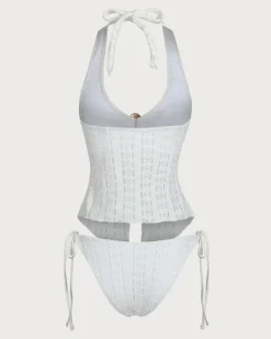 White Knitted Irregular Metal Slit Tankini Swimsuit