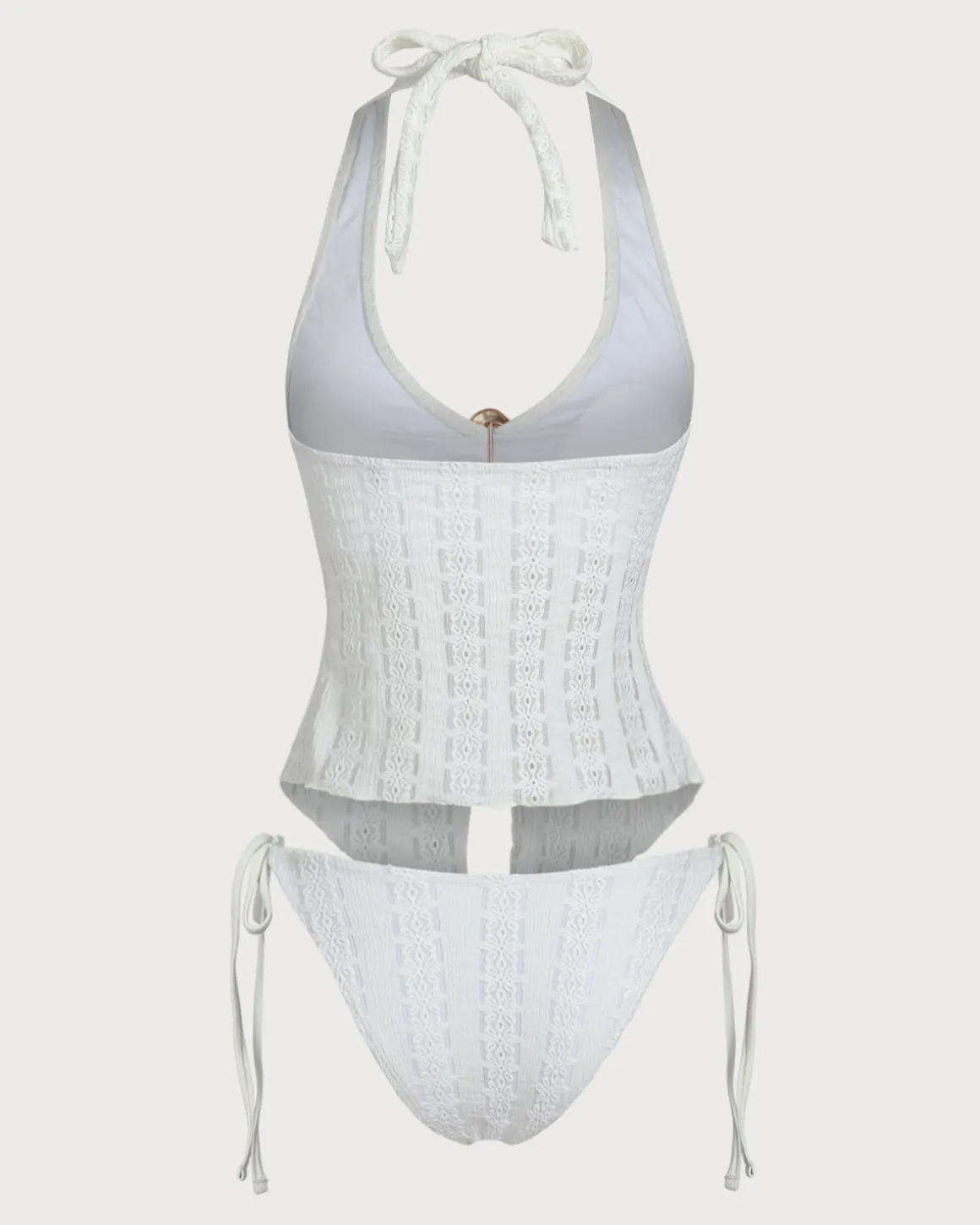 White Knitted Irregular Metal Slit Tankini Swimsuit