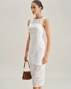 White Lace Boat Neck Midi Dress