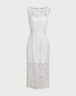 White Lace Boat Neck Midi Dress