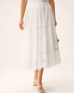 White Lace Elastic Waist Midi Skirt