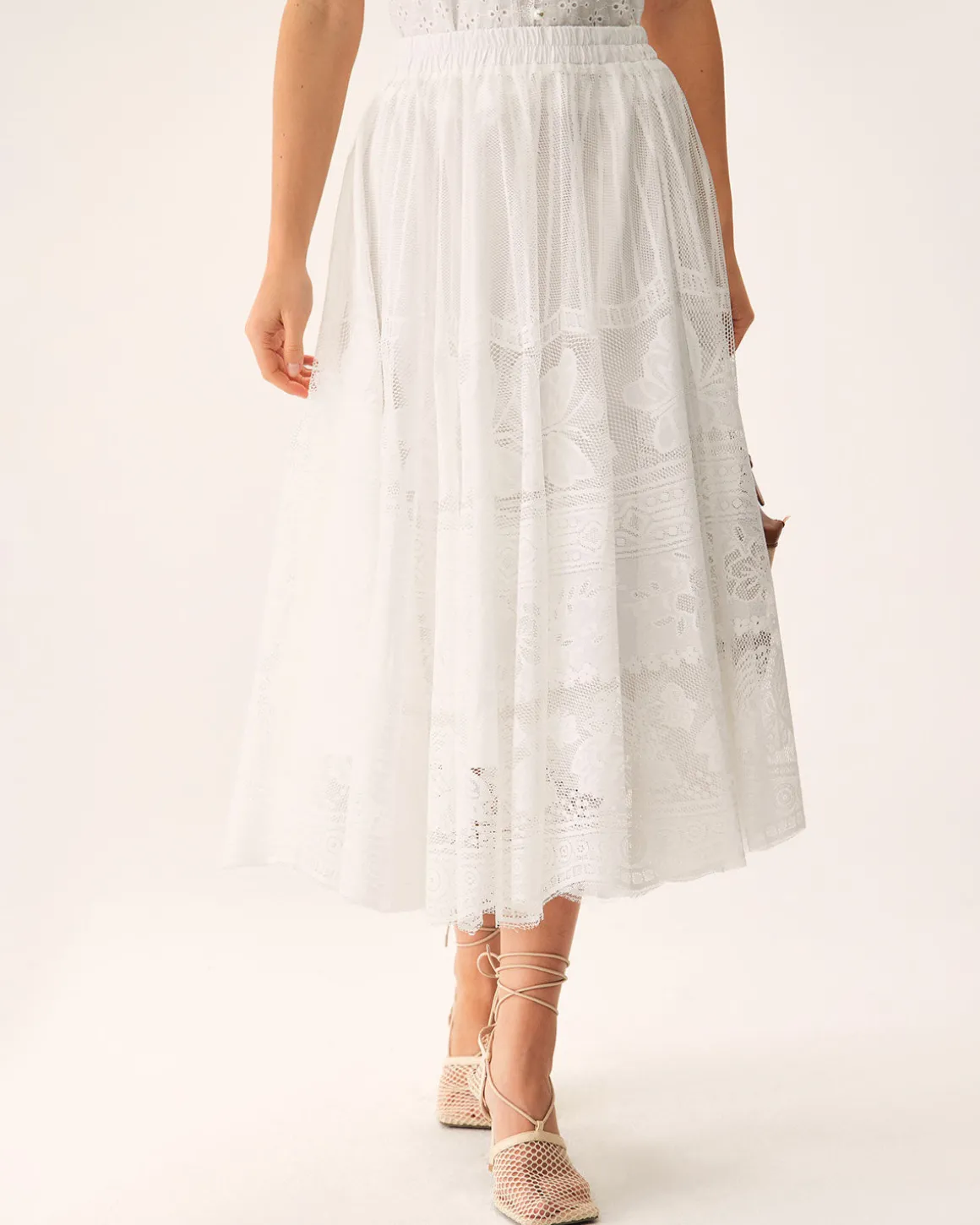 White Lace Elastic Waist Midi Skirt