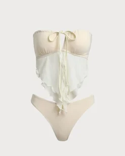 White Mesh Ruched Tankini Swimsuit