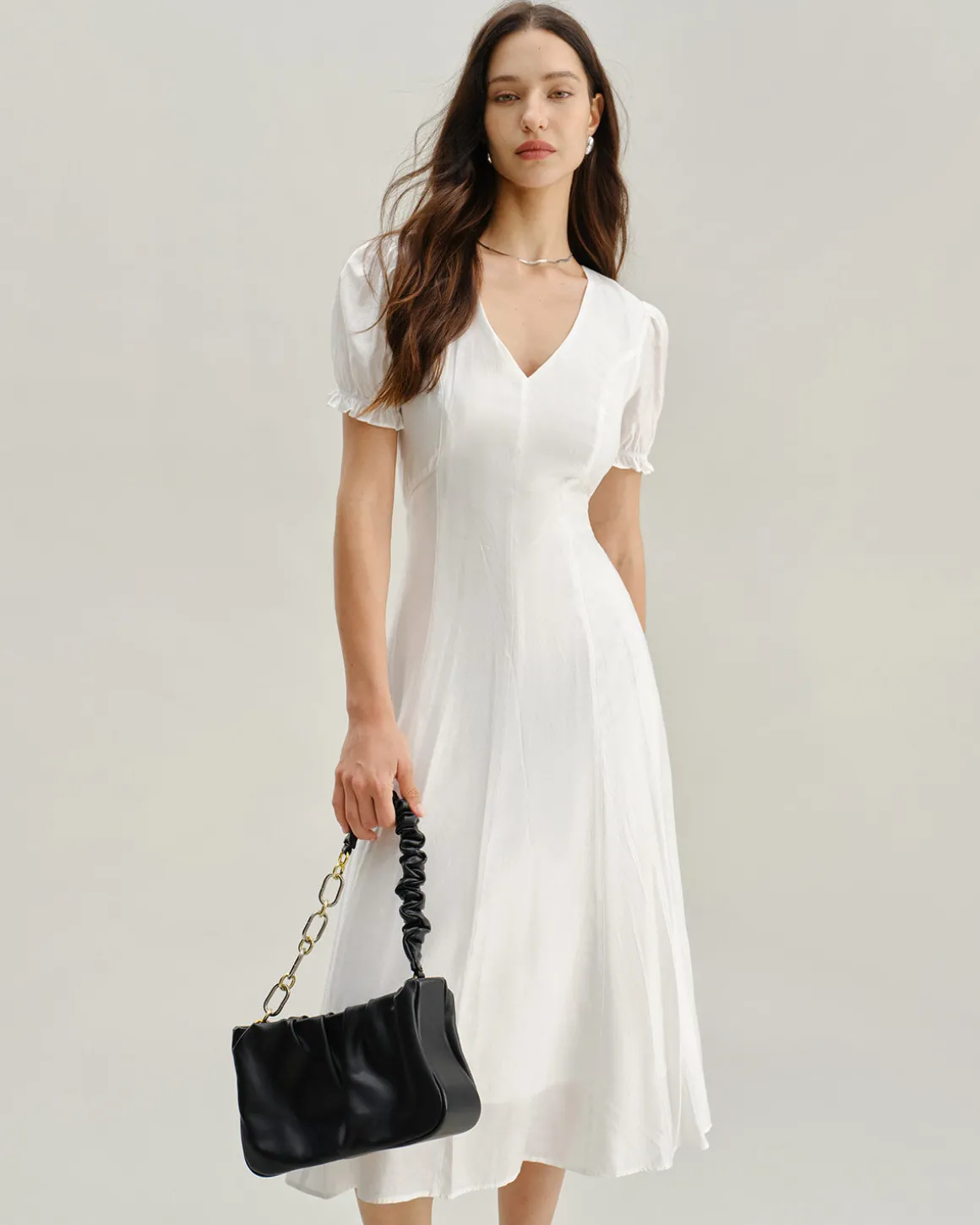 White Puffed Sleeve V Neck Midi Dress