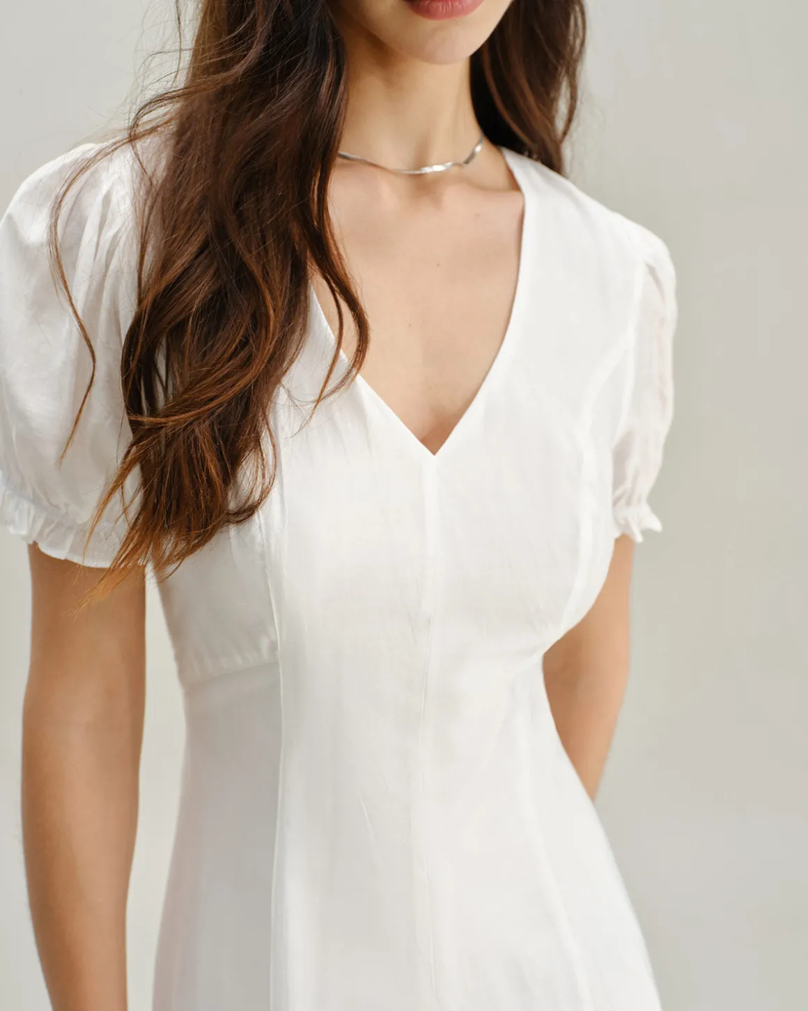 White Puffed Sleeve V Neck Midi Dress