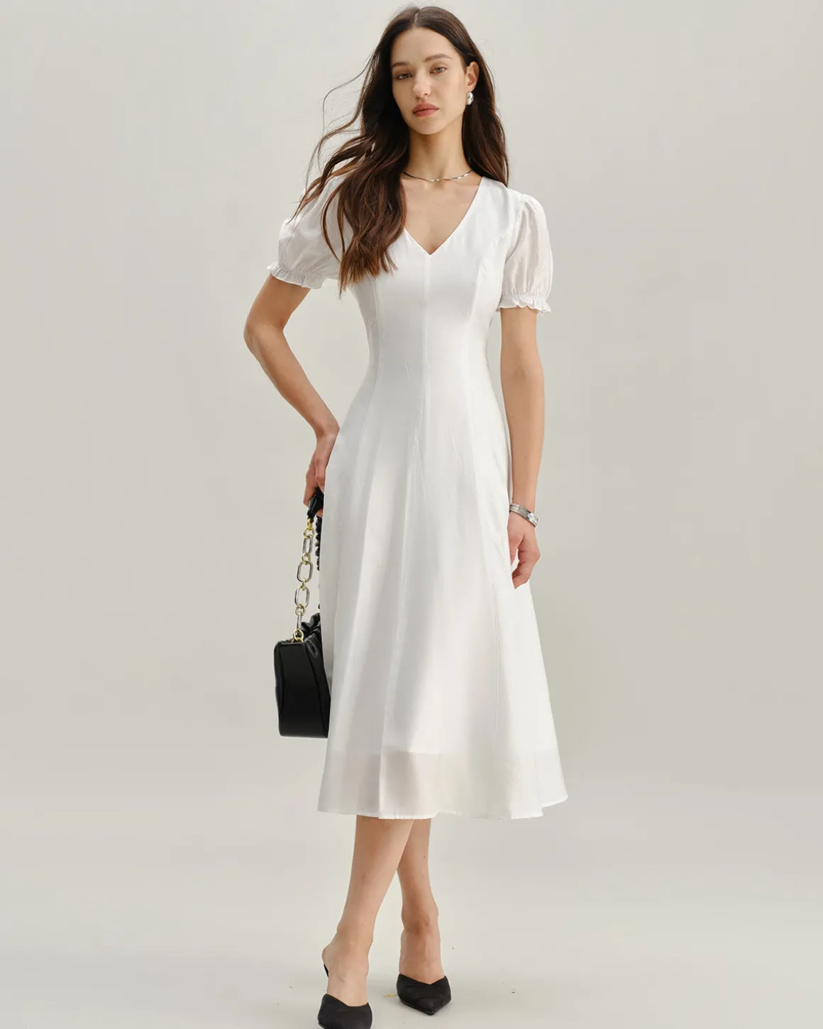 White Puffed Sleeve V Neck Midi Dress