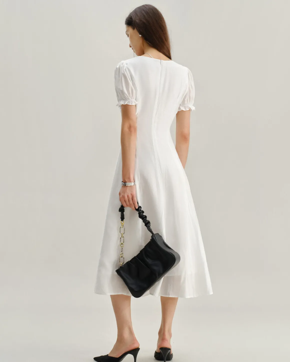 White Puffed Sleeve V Neck Midi Dress