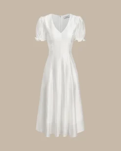 White Puffed Sleeve V Neck Midi Dress