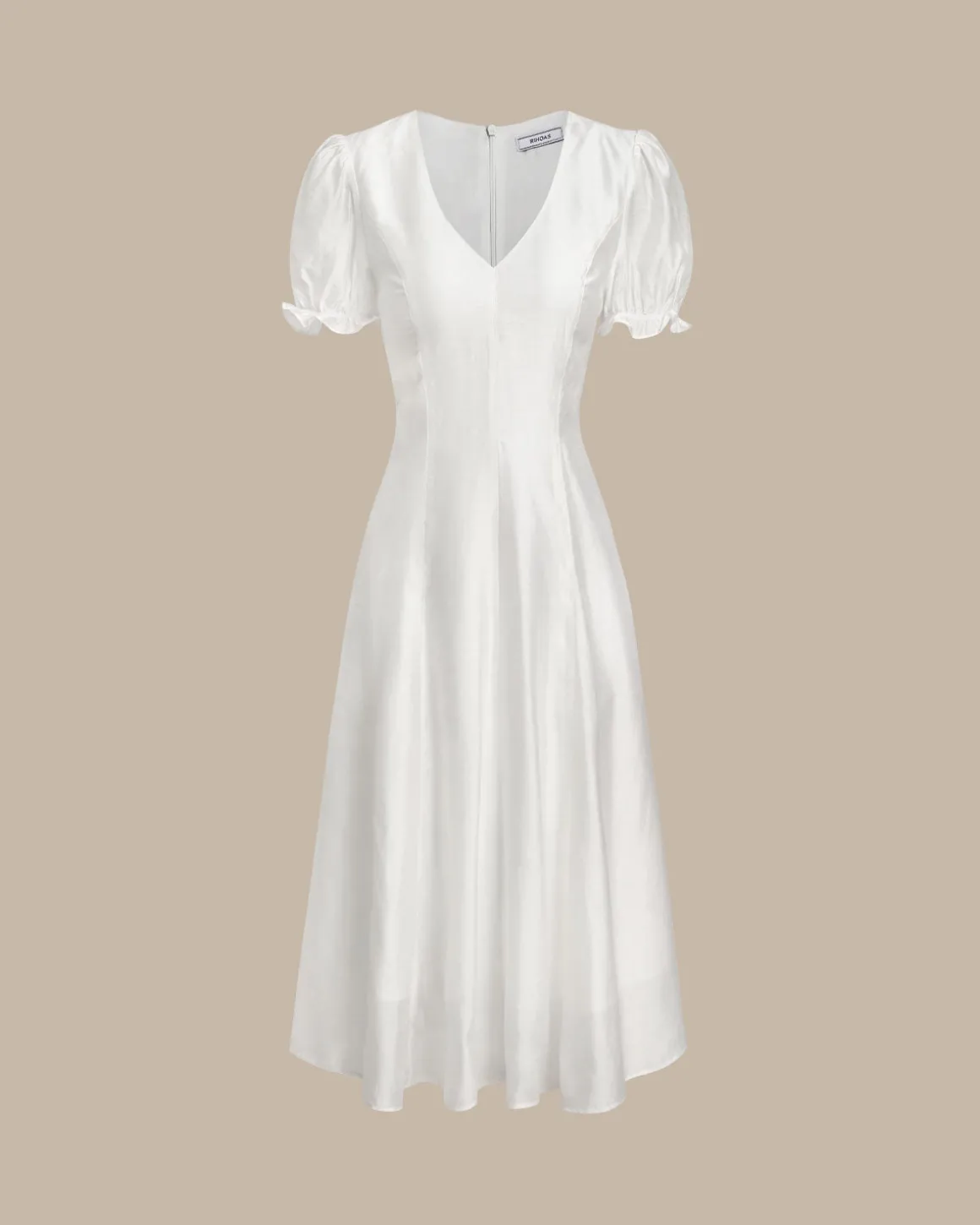White Puffed Sleeve V Neck Midi Dress