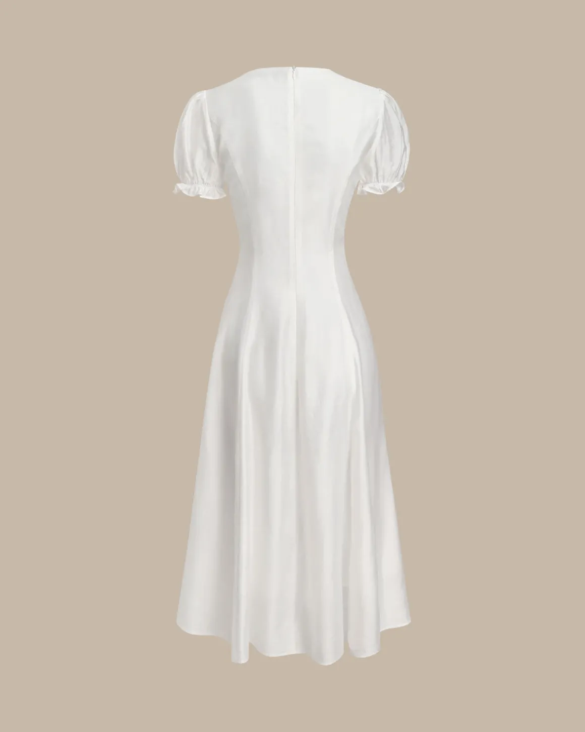 White Puffed Sleeve V Neck Midi Dress