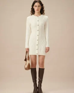 White Round Neck Bodycon Sweater Dress